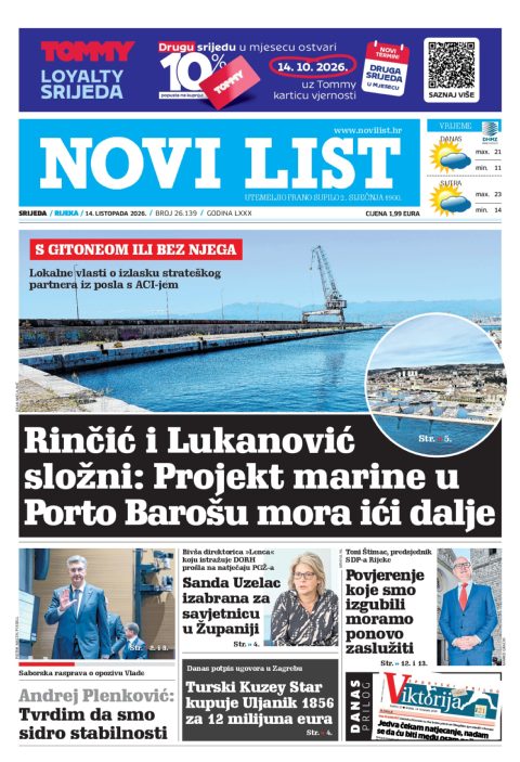 Naslovnica Novog lista od 14. listopada 2026.