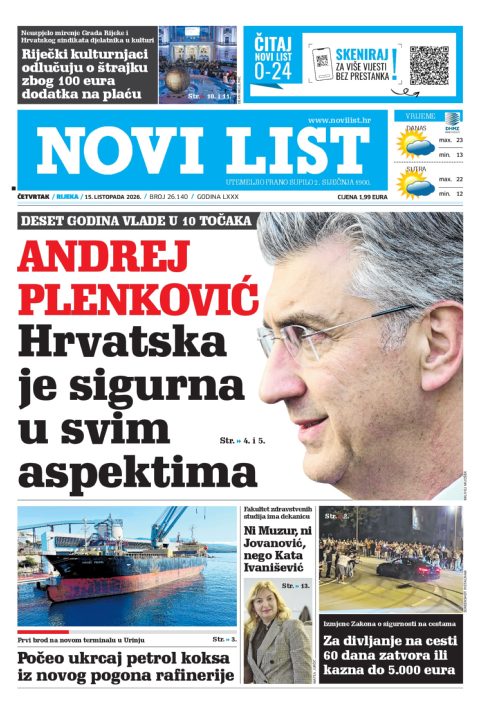 Naslovnica Novog lista od 15. listopada 2026.