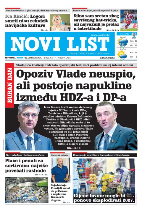 Naslovnica Novog lista od 22. listopada 2026.