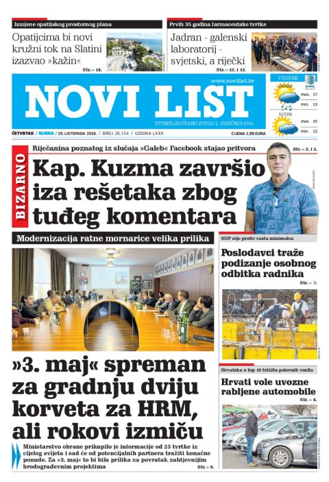 Naslovnica Novog lista od 29. listopada 2026.